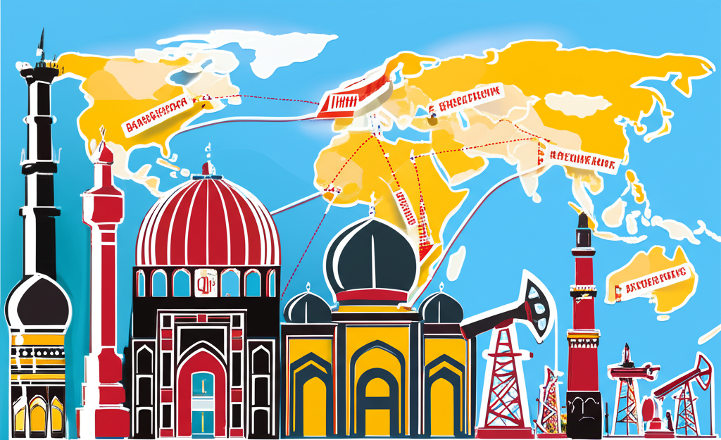伊朗石油產業插圖:融合古代建築與現代鑽井平台的景象,背景為地緣政治地圖,顯示貿易路線與國際制裁對石油流動的影響,象徵經濟命脈與政治博弈