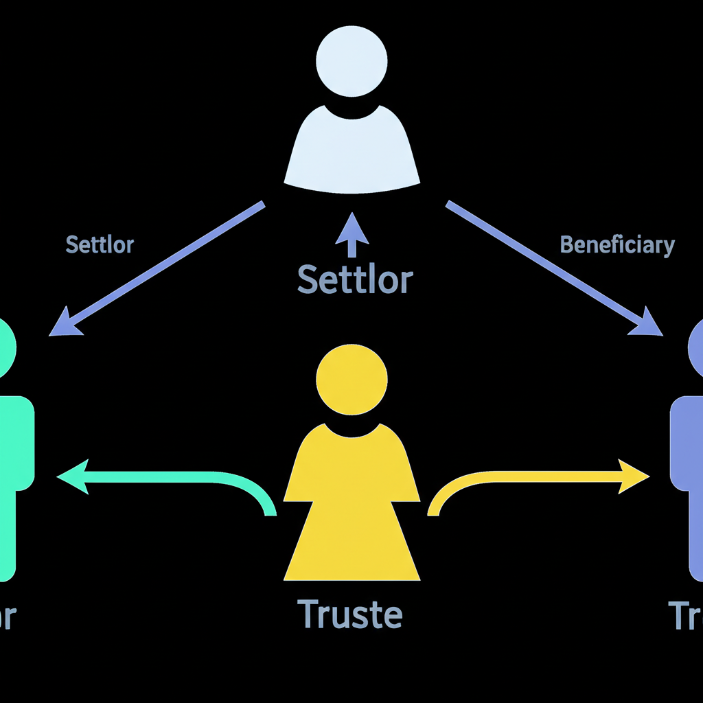 三位抽象人物標示委託人、受託人與受益人，透過連線與箭頭象徵信託關係與資產流動