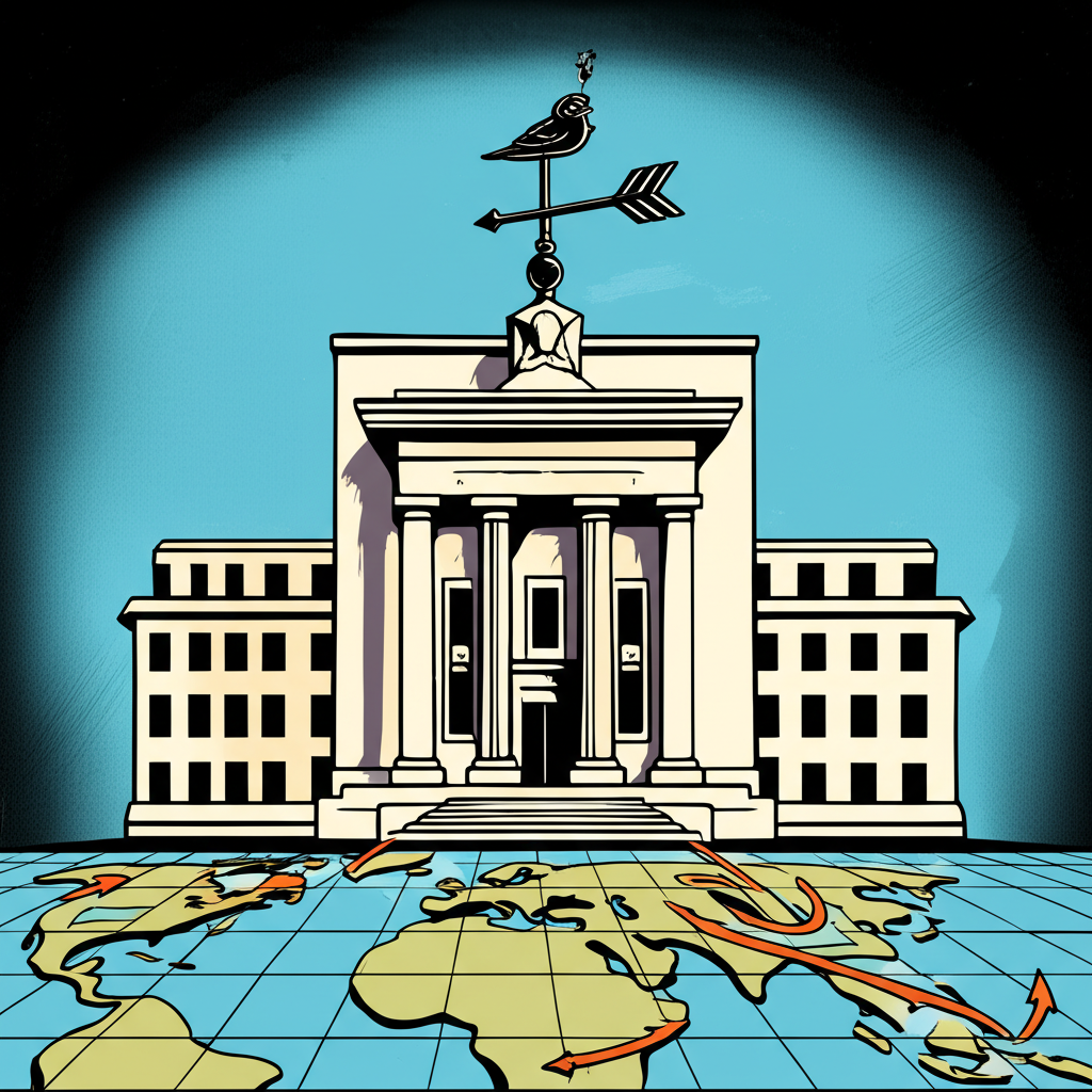 美國聯準會建築頂端風向標顯示全球利率動向，資金流向世界地圖