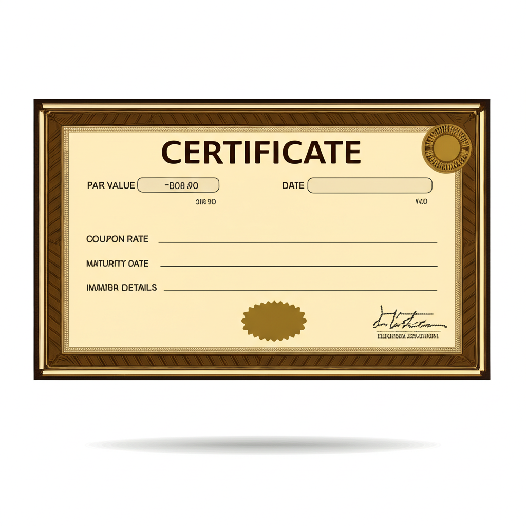 債券證書關鍵元素圖示，包括面額、票面利率、到期日與發行者標示