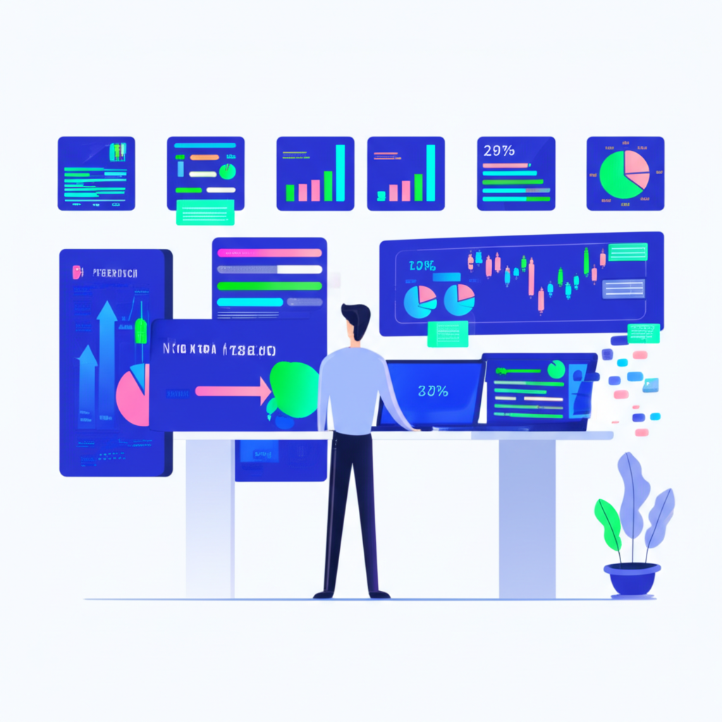 投信基金經理人在辦公室管理股票與債券投資組合的插圖