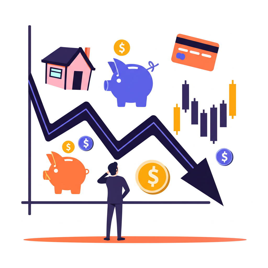 個人面對利率走勢圖，環繞儲蓄罐、房屋、股票和信用卡等財務圖標