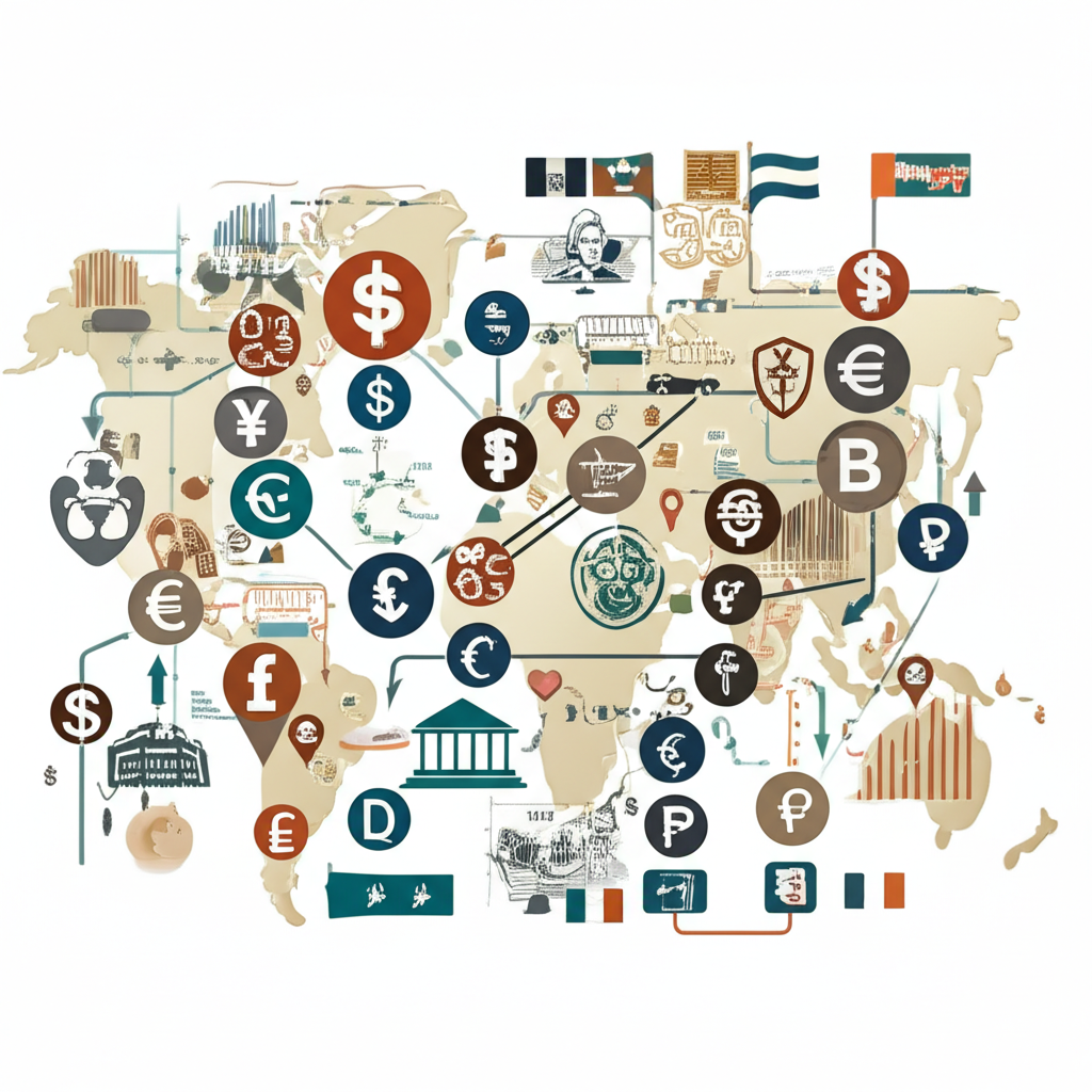 全球貨幣市場插圖,展示各國貨幣流通與經濟、政治、社會因素影響匯率,包含資產配置、套利與避險概念