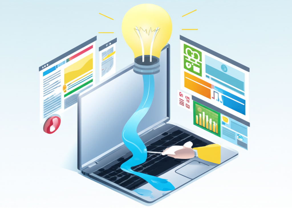 寫作靈感湧現的插圖，展示結構化內容創作過程與數位媒體元素