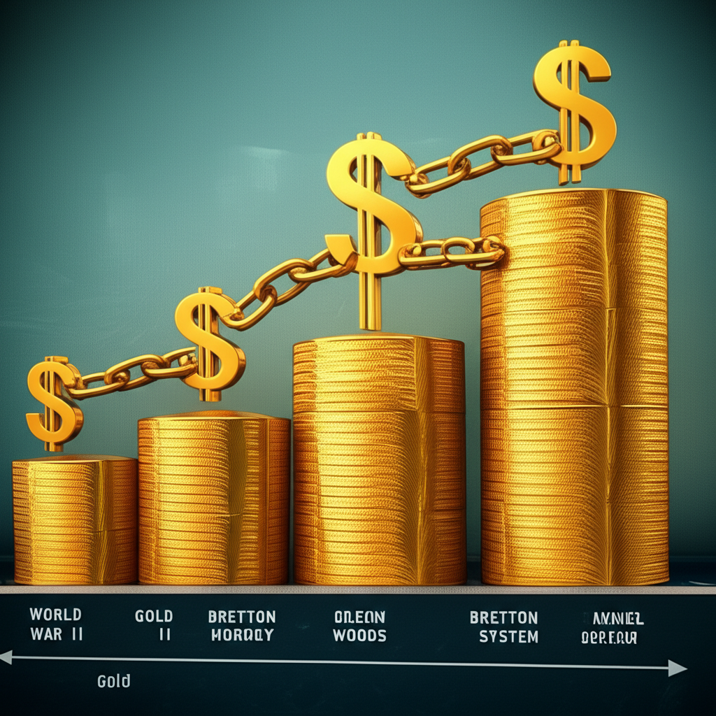 美元歷史崛起的時間線插圖,展示二戰後布雷頓森林體系與黃金連結