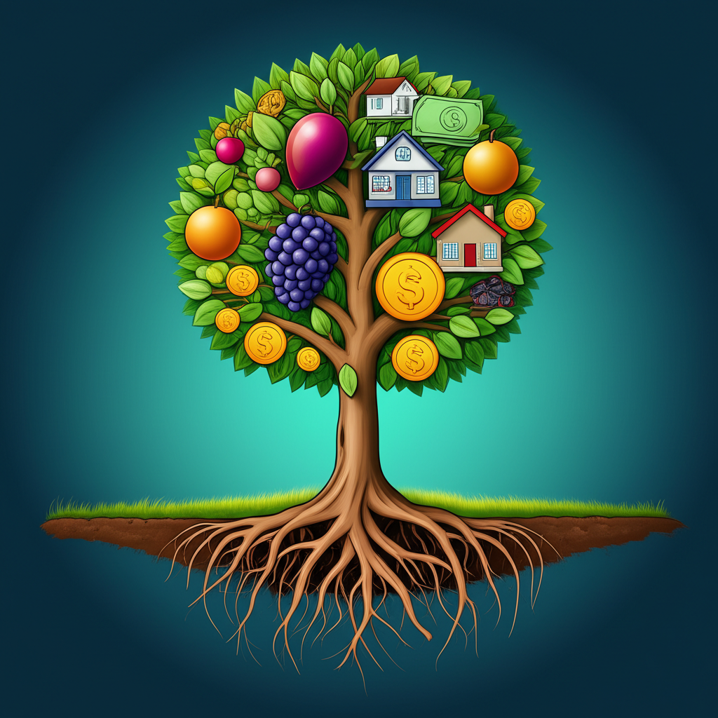 一棵成長中的樹，根部代表過去交易，枝葉結出現金流、服務等果實，象徵未來經濟利益與財富累積