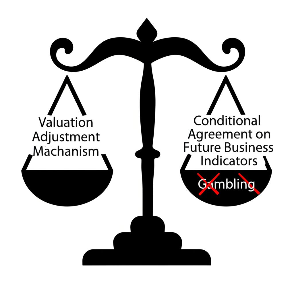 illustration of a balance scale showing valuation adjustment mechanism a conditional agreement on future business indicators not just gambling