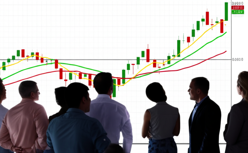 一群多元投資者觀察複雜的金融市場圖表，MACD線條和柱狀顯示趨勢與動能，營造出充滿希望的策略決策氛圍