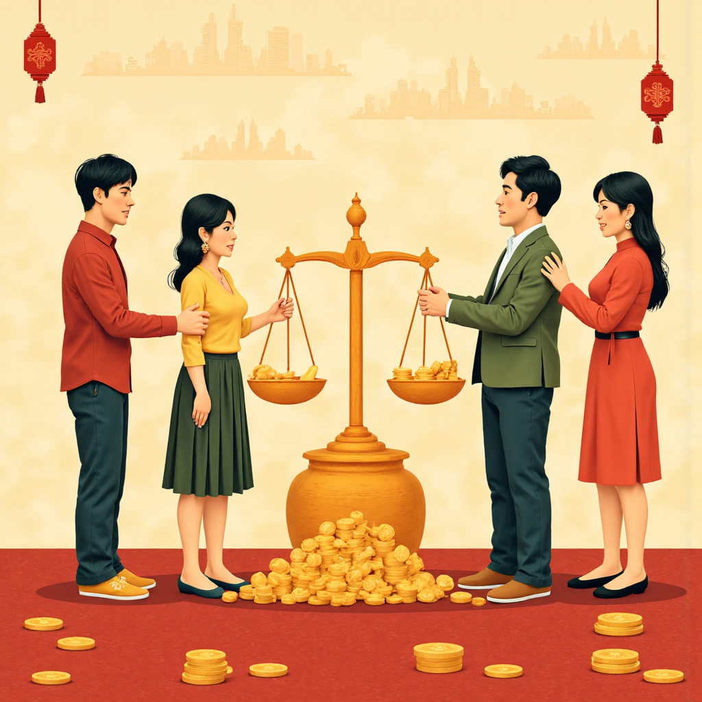 台灣家庭凝視黃金秤，融合傳統台灣圖騰與現代財務圖表，溫暖色調像素藝術