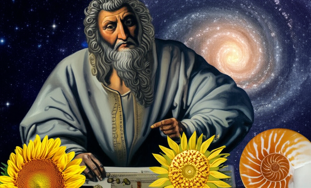 列奧納多·斐波那契在自然中發現數學序列,從花瓣到螺旋銀河的插圖