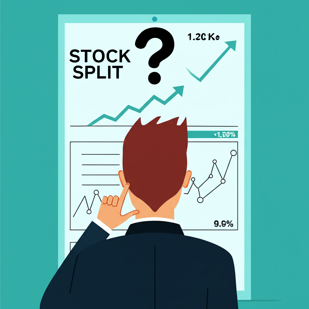 投資者觀察股票市場圖表，箭頭顯示股票分拆過程，上方有問號的插圖