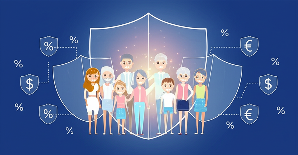 多元家庭成員環繞發光財務符號與保護盾牌，象徵全面財富管理和資產保護