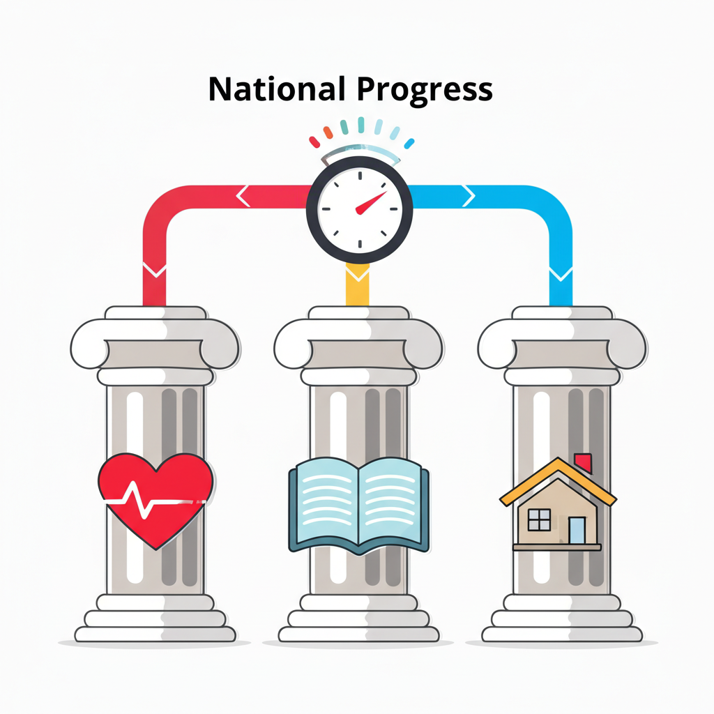 人類發展三大支柱互聯插圖:健康、教育與生活水準象徵心臟、書籍與房屋,數值尺度展示綜合國進展衡量