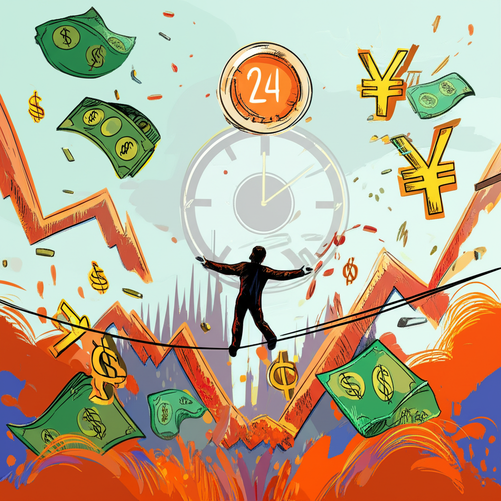 外匯交易高風險高報酬的緊繩走路插圖，象徵24小時市場與金錢符號環繞的挑戰