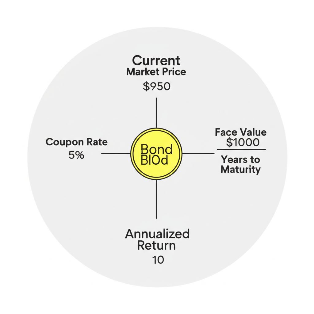 債券視覺表示,包含票面利率、現行市價、面額及到期年數等互聯元素,貢獻至單一年化報酬數字插圖