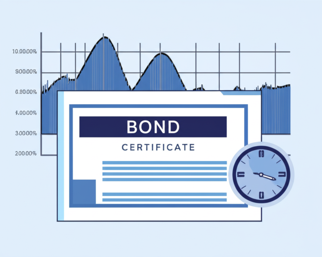 金融市場穩定場景，債券證書如錨般穩固，周圍股票圖表輕柔晃動，時鐘指向精準買入時刻，象徵策略性投資時機