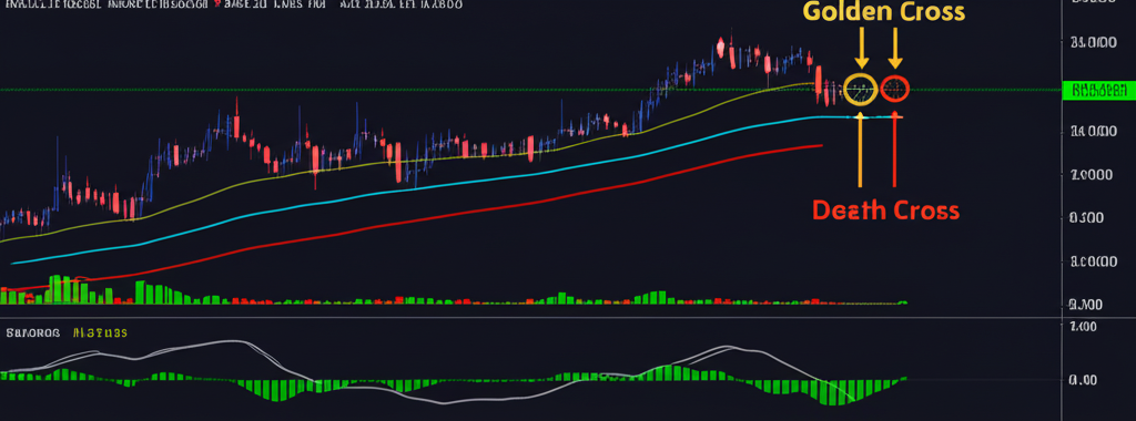 MACD黃金交叉與死亡交叉的股票圖表示範,標示買賣信號與價格走勢