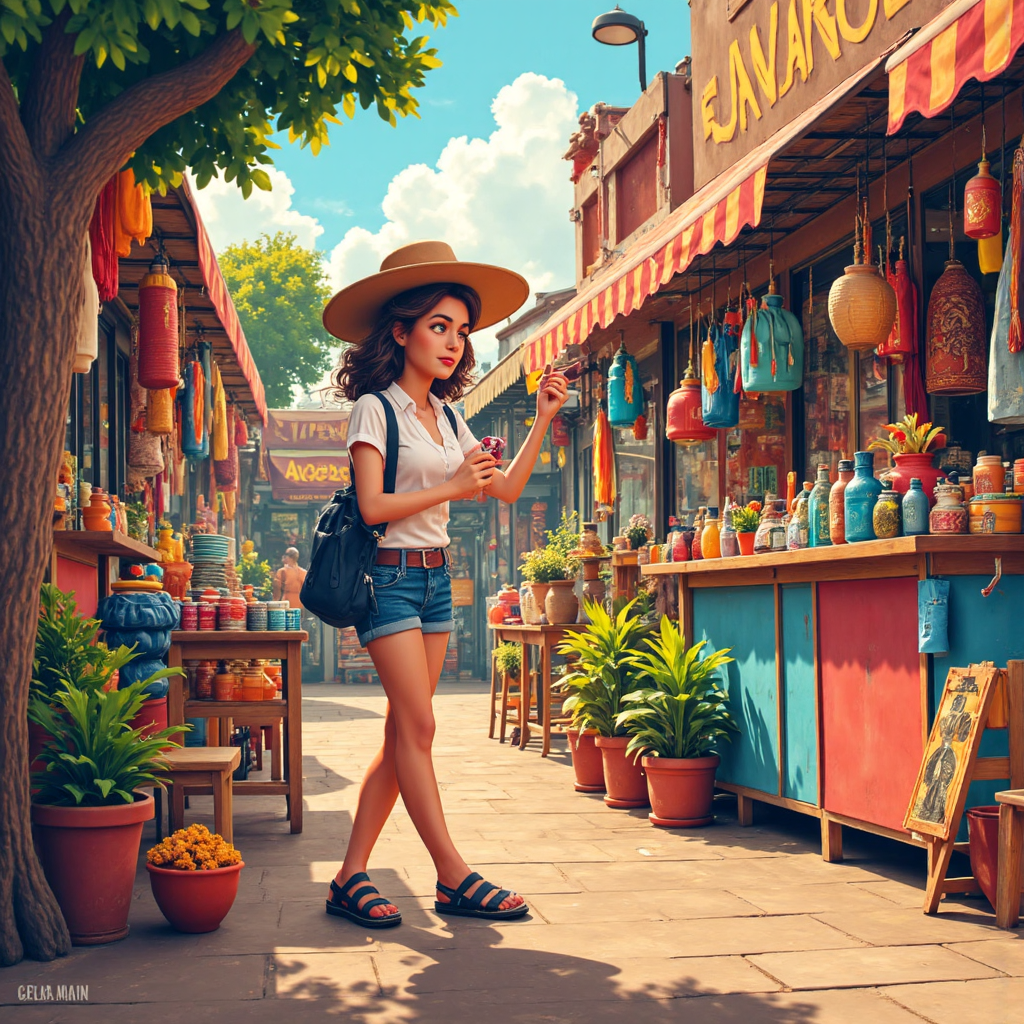 像素藝術風格,一位旅行者在熱鬧市場攤位比較貨幣兌換率,陽光灑落帶來歡快陰影