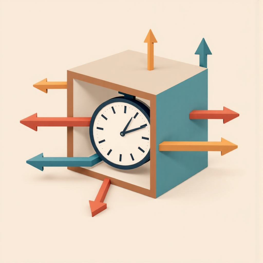 時鐘圖像帶有橫向箭頭，表示時間在限定框內經過，其他箭頭代表潛在未來方向，採用平靜色調