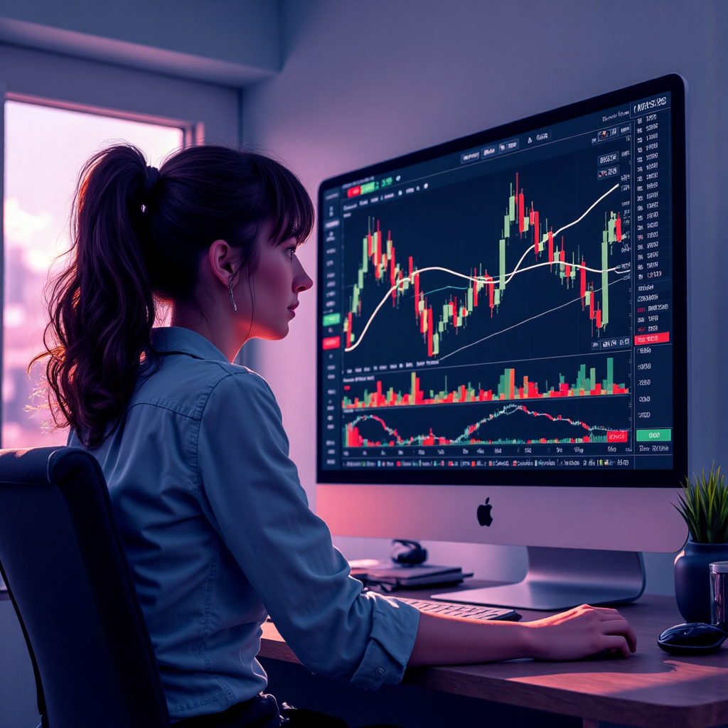 像素藝術風格,一位人士注視動態外匯交易圖表,周圍環繞發光貨幣符號與抽象市場趨勢流線,在柔和光線中呈現