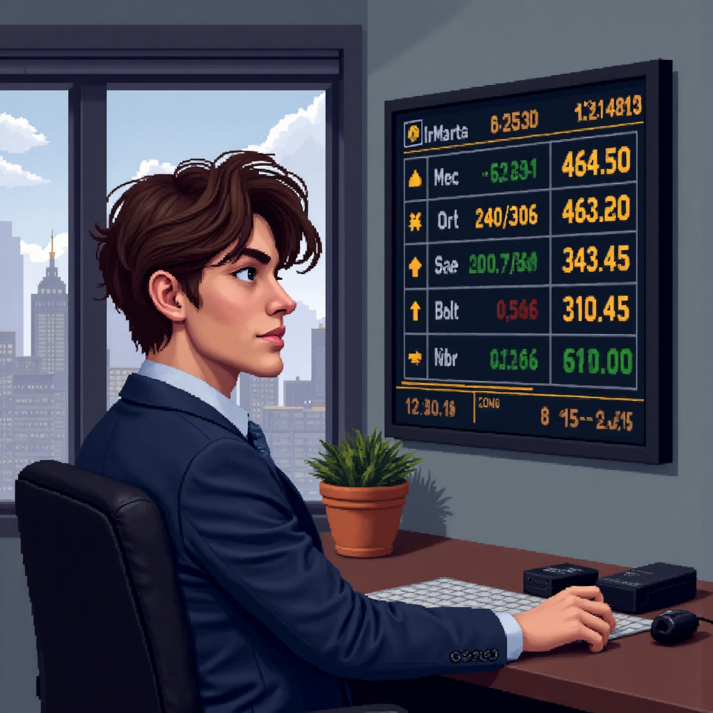 像素藝術風格的自信投資者,凝視顯示金價波動的數位交易螢幕,展現堅定表情與現代介面