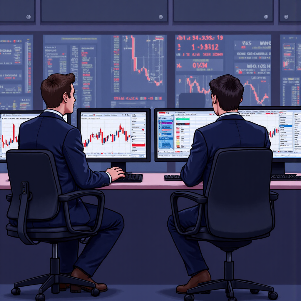 金融交易大廳插圖,交易員注視顯示橫向價格移動的螢幕,神情中性