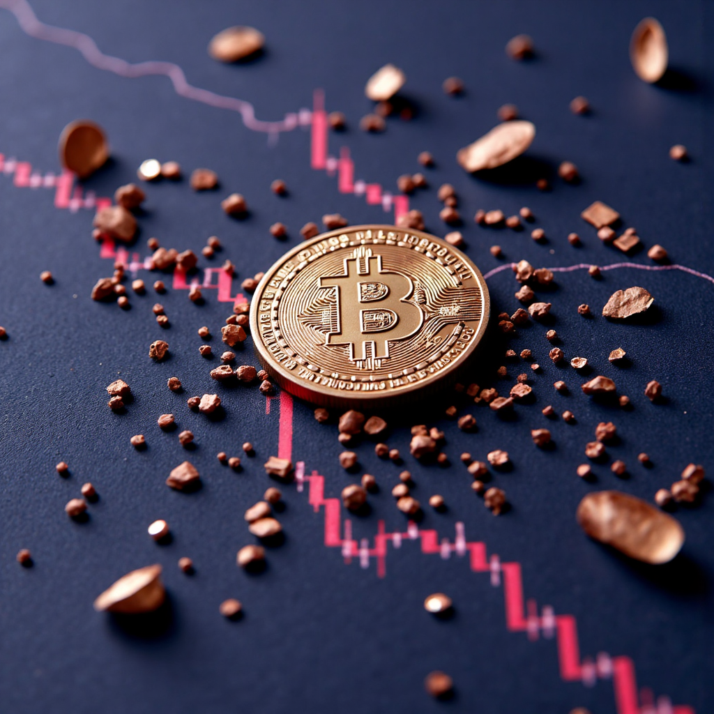 像素藝術風格的特寫數位貨幣圖表，戲劇性向下箭頭與爆炸成碎片的幣種符號插圖