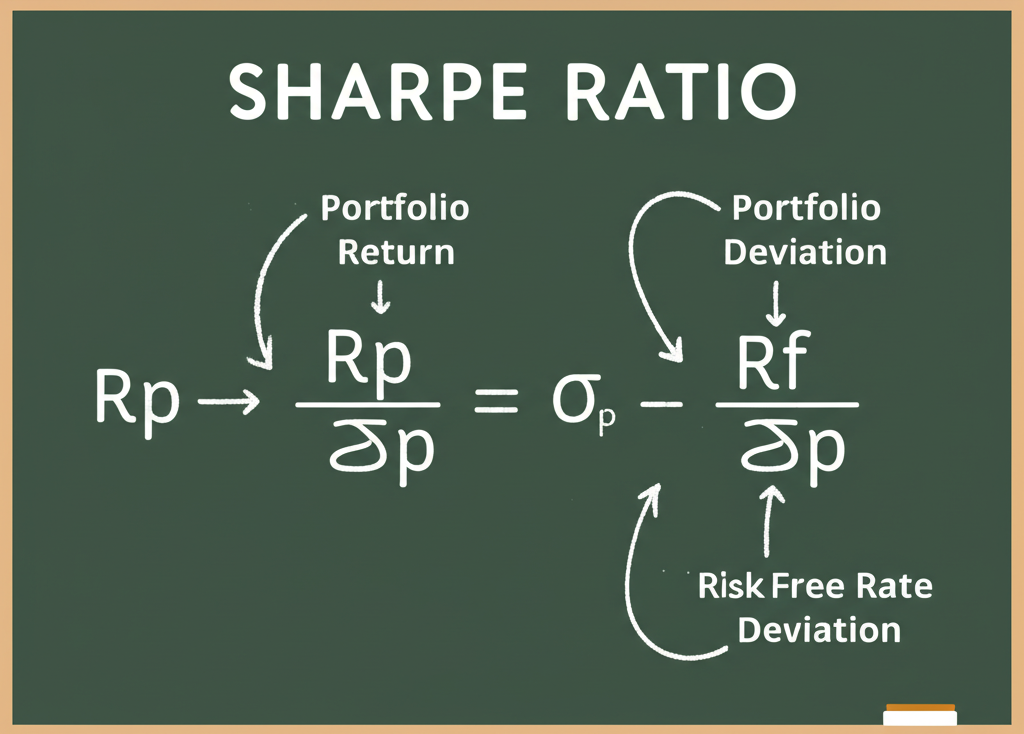 夏普比率公式黑板插圖，包含Rp減Rf除以σp的詳細說明