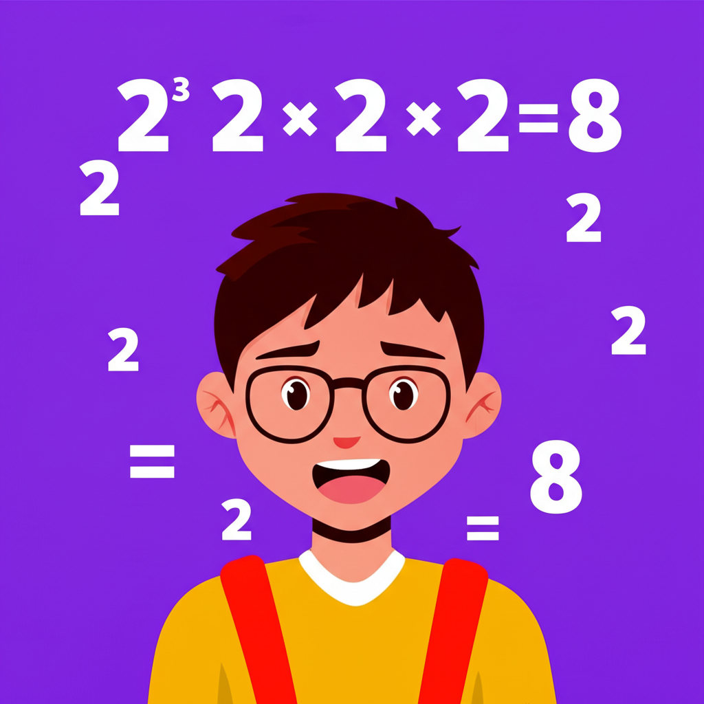 指數計算範例插圖,展示2^3等於2×2×2,學生開心理解數學