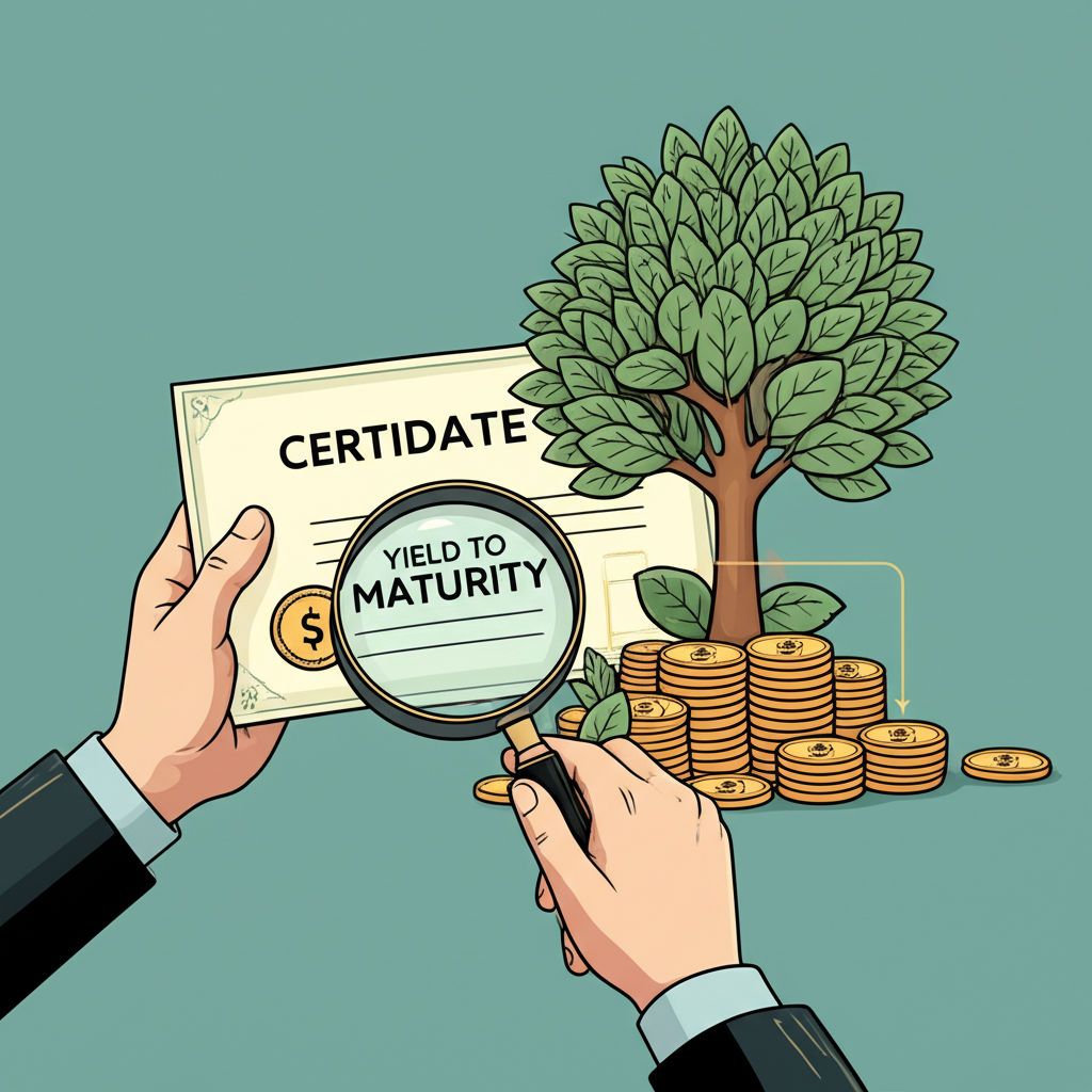 投資人手持債券憑證,用放大鏡檢視到期殖利率概念及其年化總報酬潛力,利息再投資流入生長中的金錢樹插圖