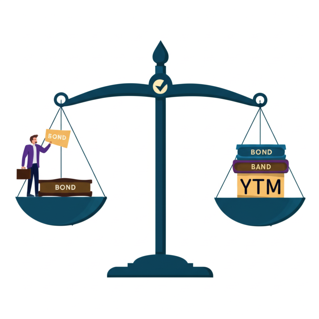 投資人用天平權衡不同債券選項,以到期殖利率作為標準指標比較長期收益潛力並做出明智投資決策插圖