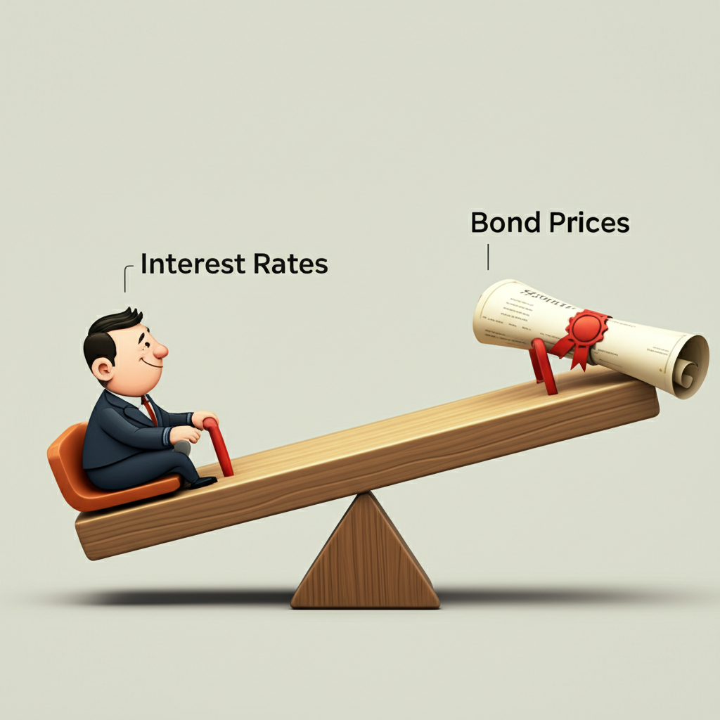 蹺蹺板圖示，一端央行代表利率上漲，另一端債券證書代表價格下跌，展現二者反向關係