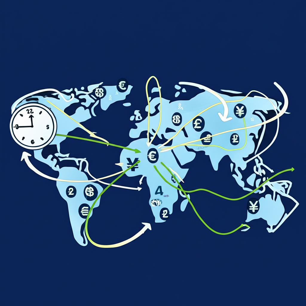 全球地圖混亂中貨幣符號與箭頭旋轉的插圖，顯示政治經濟因素影響匯率波動與24小時時鐘