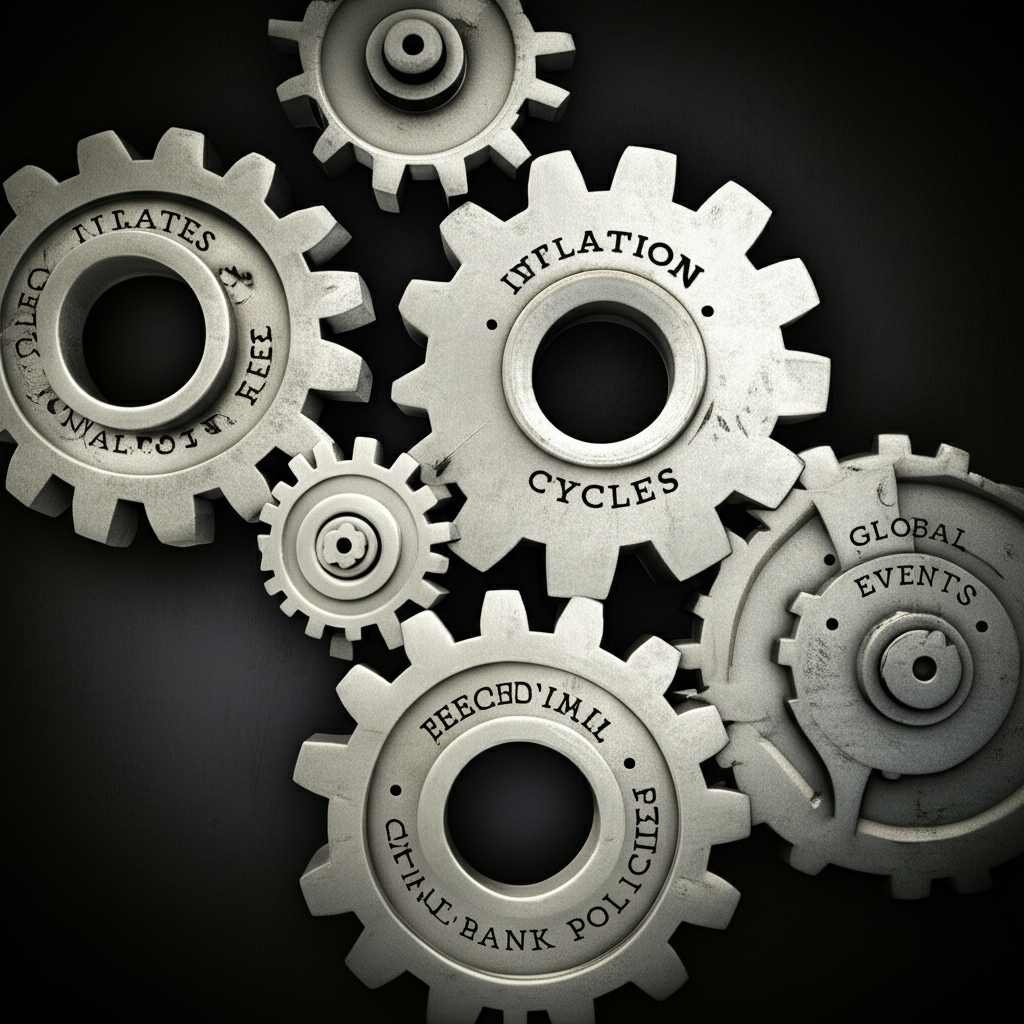 五個互聯齒輪圖示，每個代表影響債券買入時機的核心因素，如利率、經濟循環、通膨、央行政策與全球事件，共同運轉決定市場走向