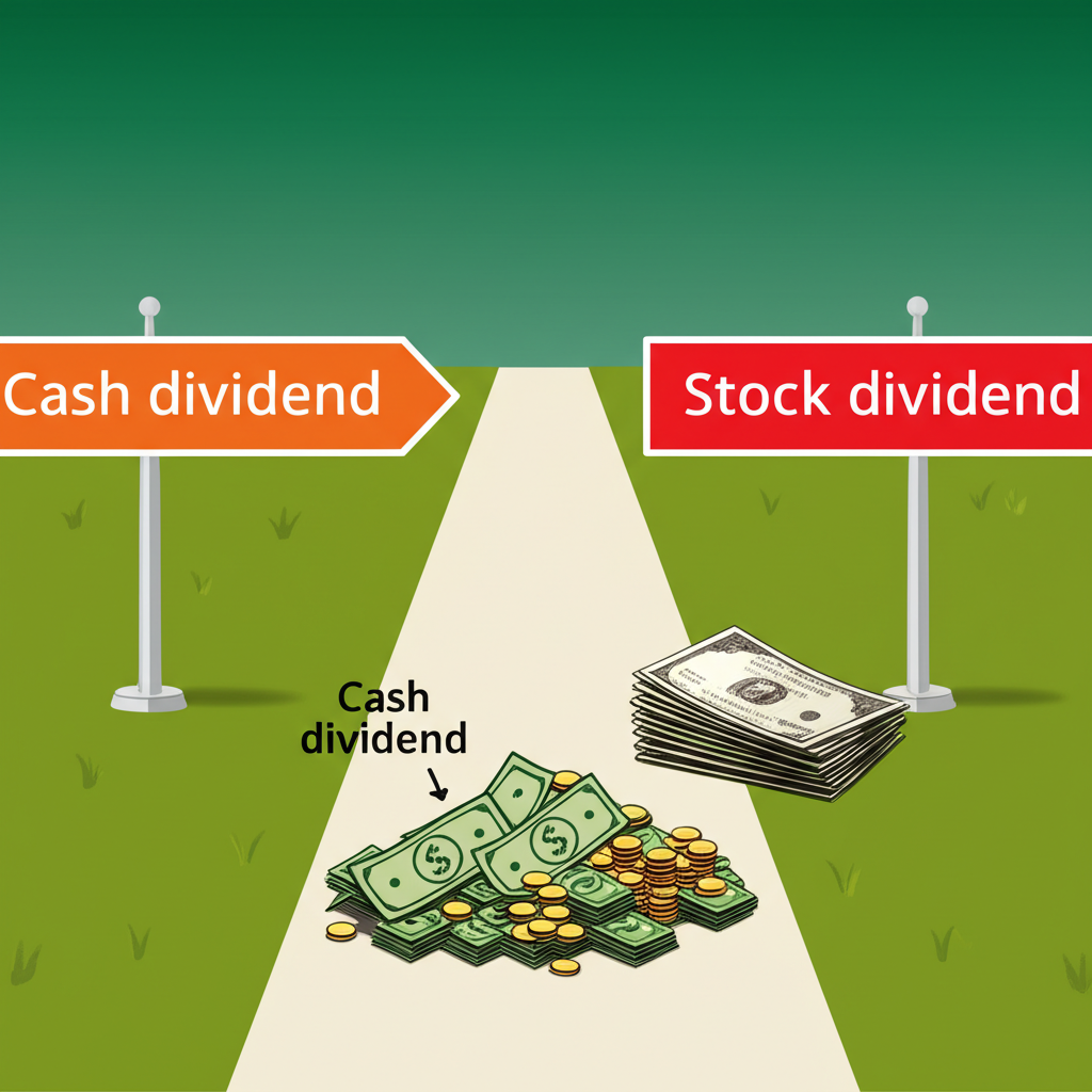 比較現金股利與股票股利的路徑圖，一邊指向現金堆，標示現金股利；另一邊指向新股票證書堆，標示股票股利，清楚區分除息與除權