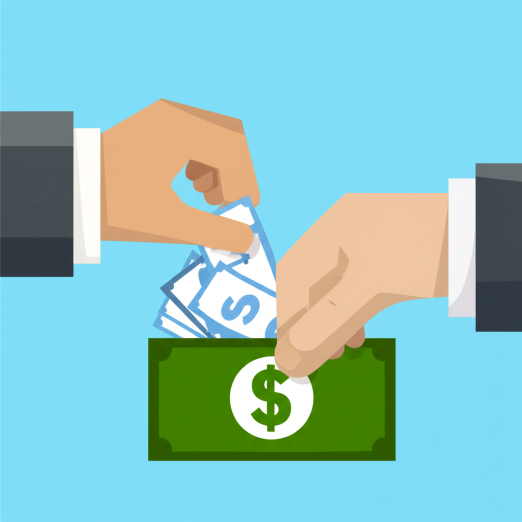 公司向股東分配利潤的插圖,一手遞出現金,另一手給出小型股票證書,代表台灣現金股利與股票股利