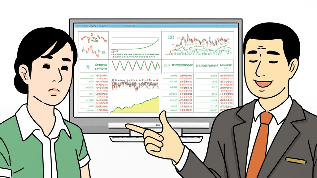 台灣或香港人士困惑於複雜外匯市場圖表,隨後找到清晰投資路徑的插圖