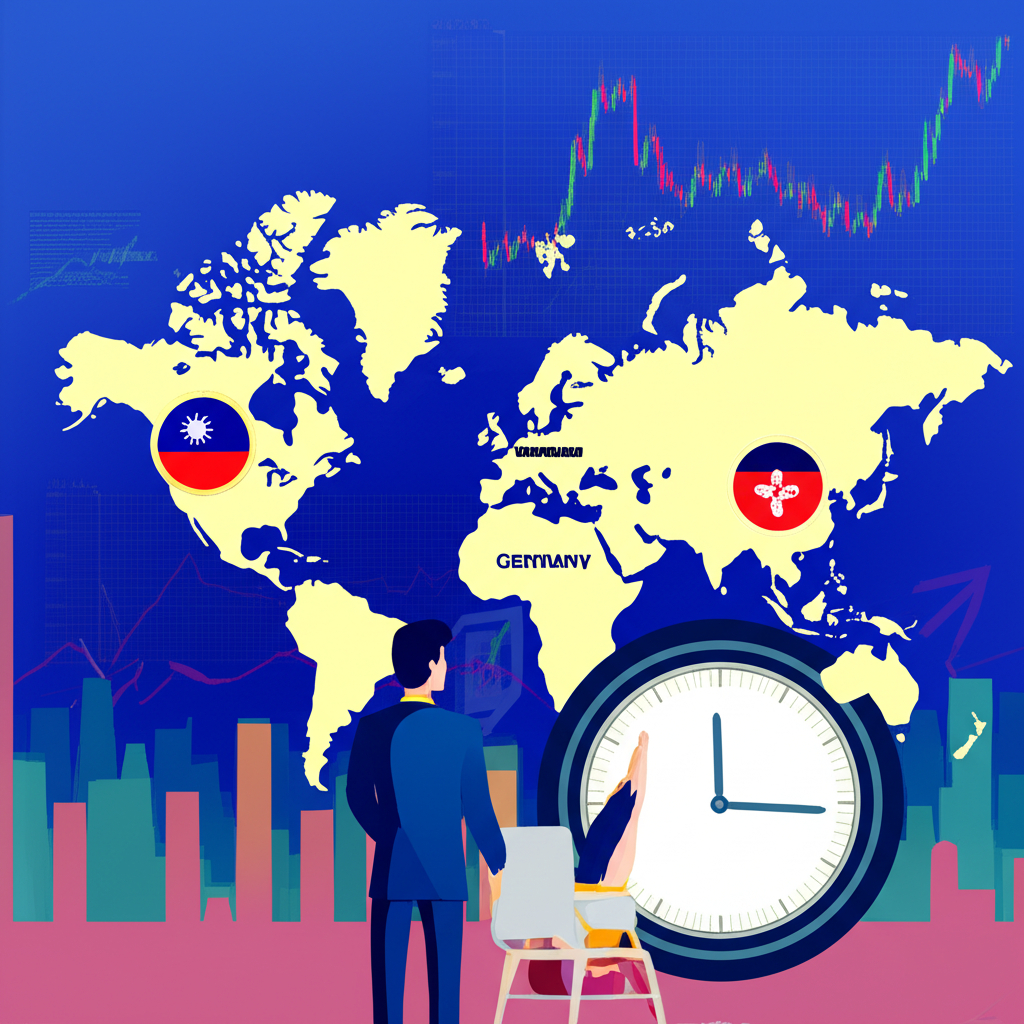 世界地圖顯示台灣香港德國時區差異，投資者觀看時鐘和股票圖表