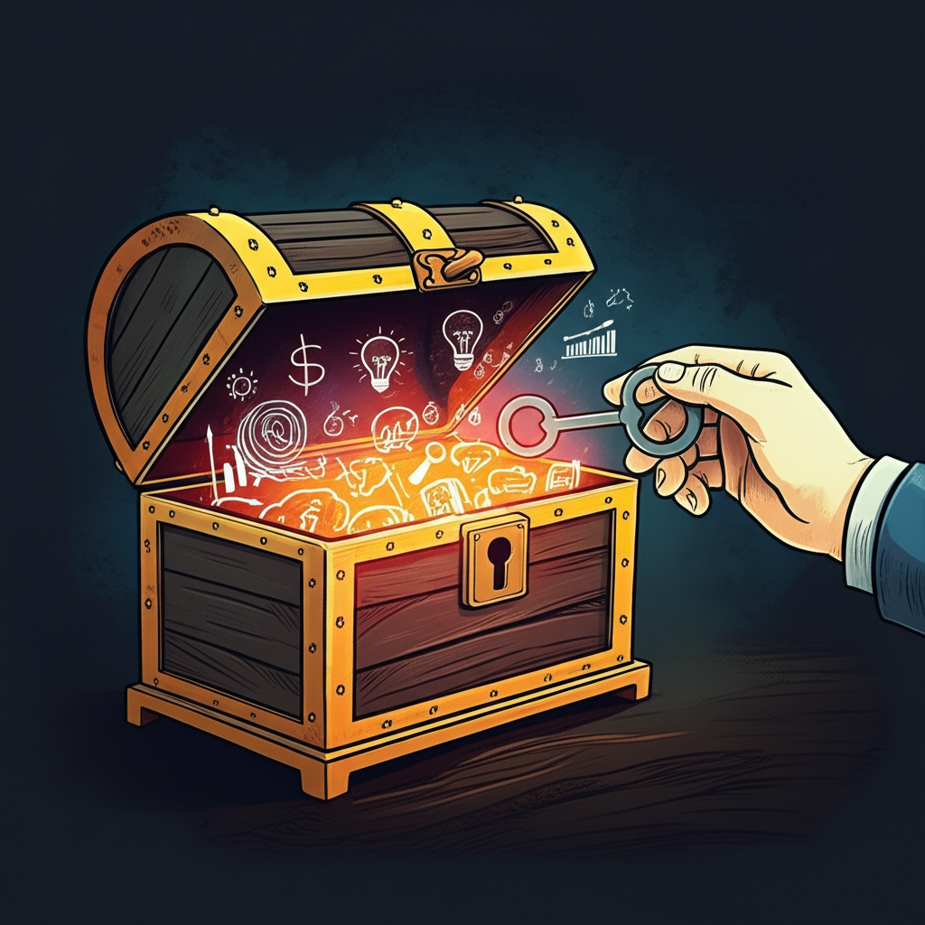 一人手持鑰匙開啟充滿價值符號與未來經濟利益的寶箱，象徵資產的定義