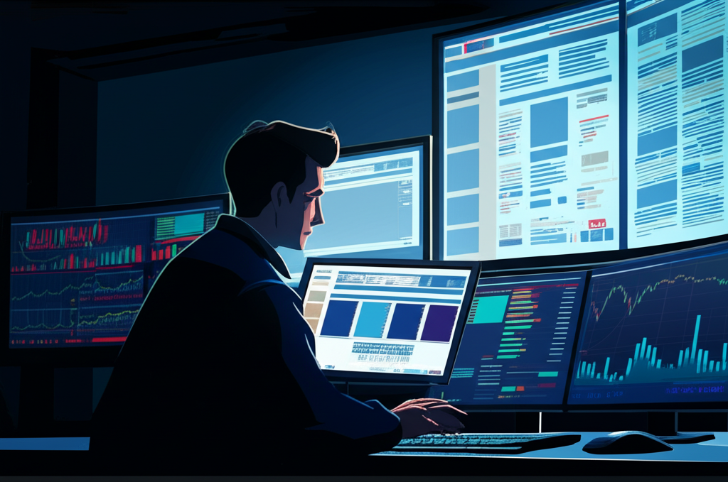 盤前交易時交易者觀看股市圖表插圖