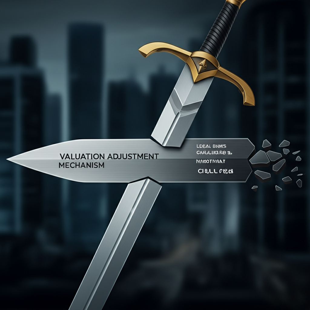 illustration of a double edged sword representing valuation adjustment mechanism in a business world with legal risks and investment challenges