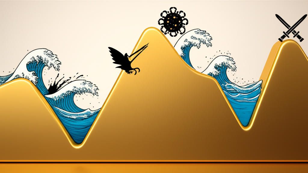 20年黃金價格動態圖表，標註金融危機、疫情與地緣衝突事件
