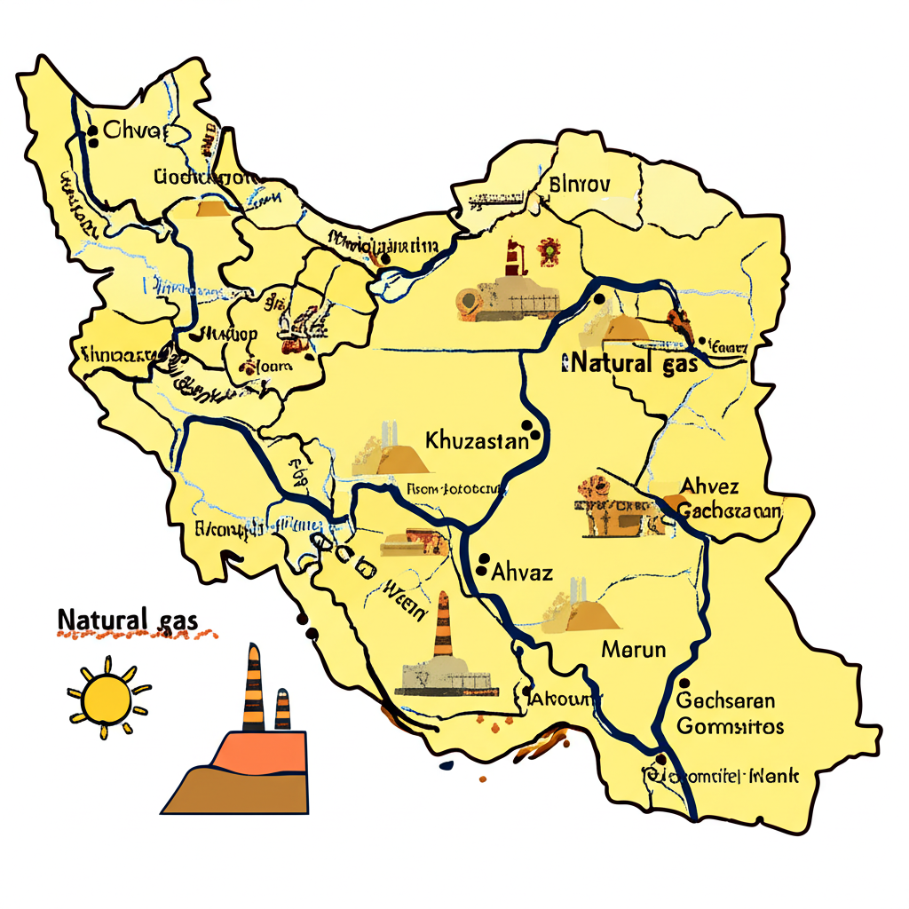 伊朗地下石油儲量插圖:廣闊的地下油藏與延伸管道,地圖突出胡齊斯坦省、阿瓦士、加奇薩蘭和馬倫地區,伴隨天然氣豐沛象徵,強調其能源大國地位