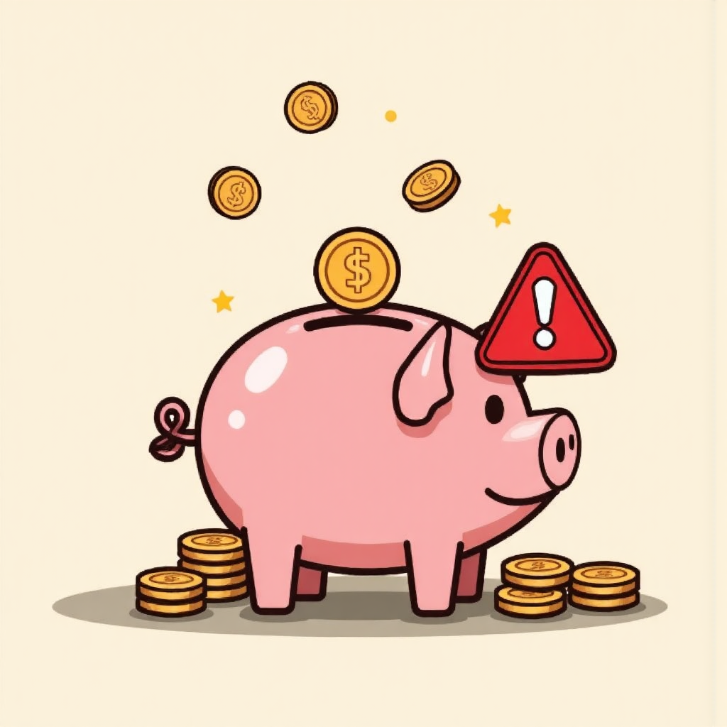 像素藝術風格的簡化插圖，豬仔撲滿破裂、硬幣散落周圍與紅色警告符號象徵財務損失