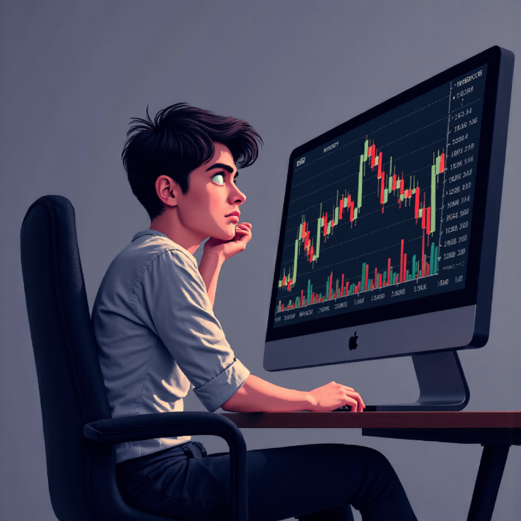 像素藝術風格的金融交易者擔憂地盯著電腦螢幕，顯示下跌股票圖表與紅色清算警告符號插圖