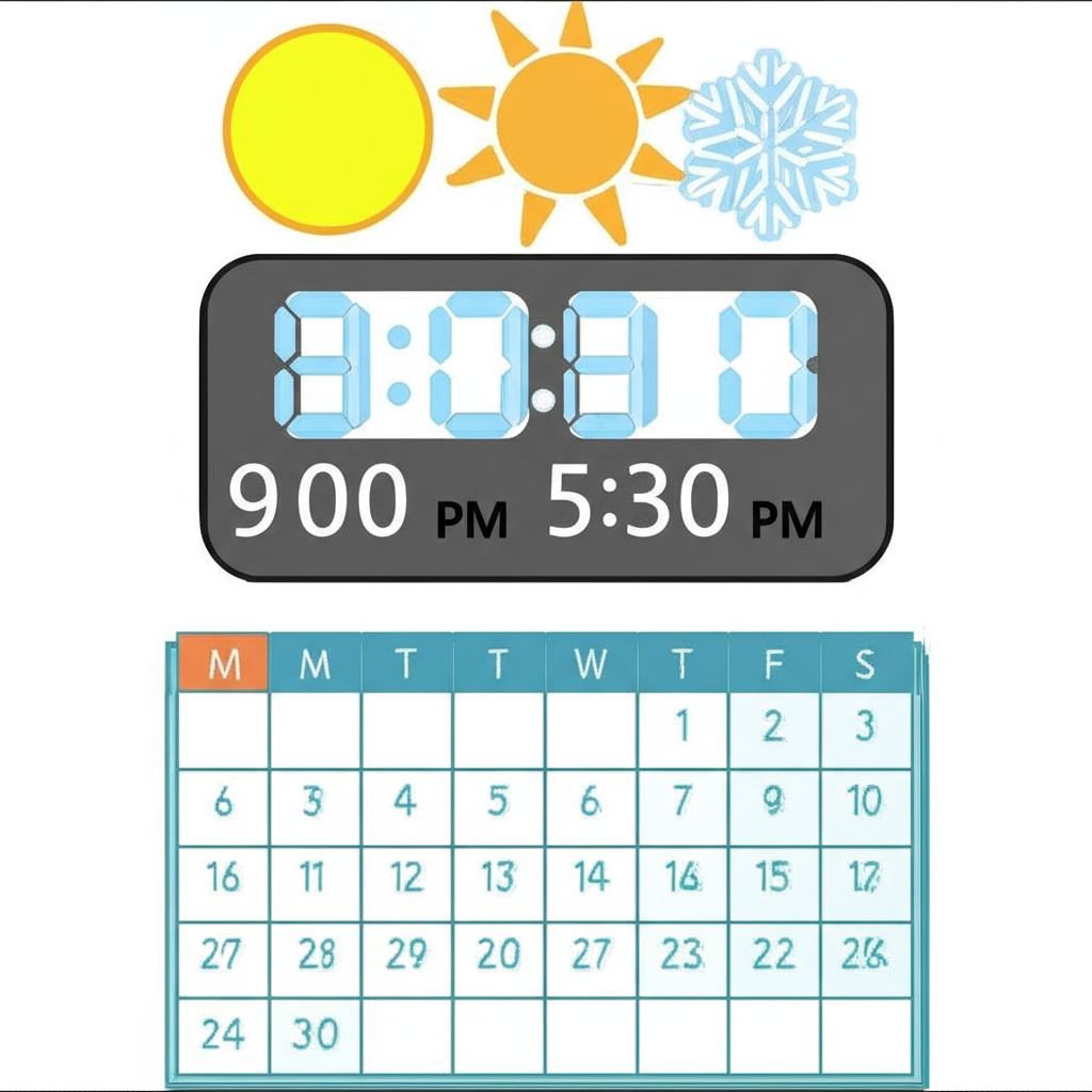數位時鐘顯示上午9:00和下午5:30，太陽和雪花圖示代表夏冬令時，顯示日期的日曆
