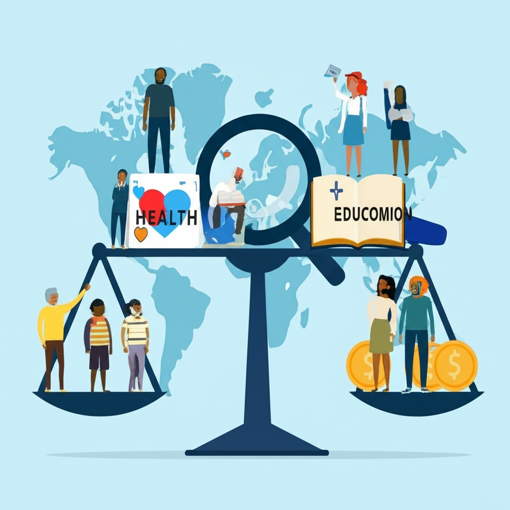 人類發展指數概念插圖:多元人群平衡健康、教育與收入元素,背景世界地圖強調超越經濟指標的發展衡量