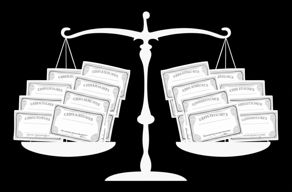 一張大股票證書分裂成多張小證書，天平顯示兩側重量平衡的插圖