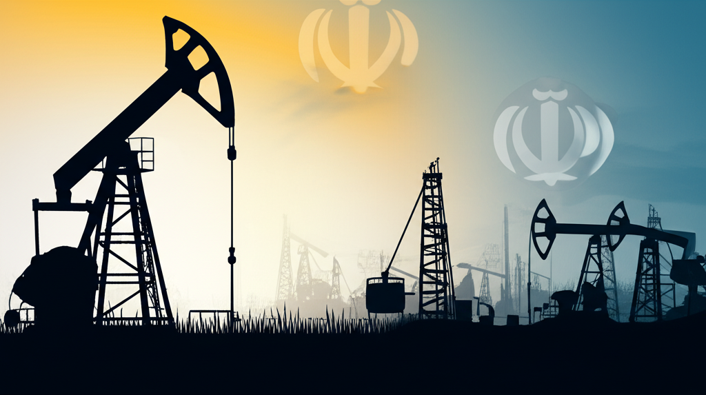 伊朗石油產量歷史插圖:從1979年前全球出口高峰到當前制裁下的狀態,背景融入OPEC符號,描繪其波動角色