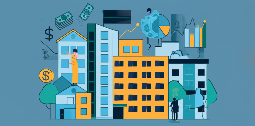 個人與企業周圍環繞各種抽象財務符號，如金錢、房屋、股票，象徵資產與經濟環境中的成長